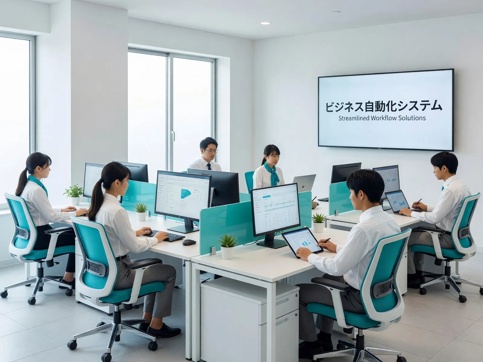 オフィスで業務自動化について検討する様子