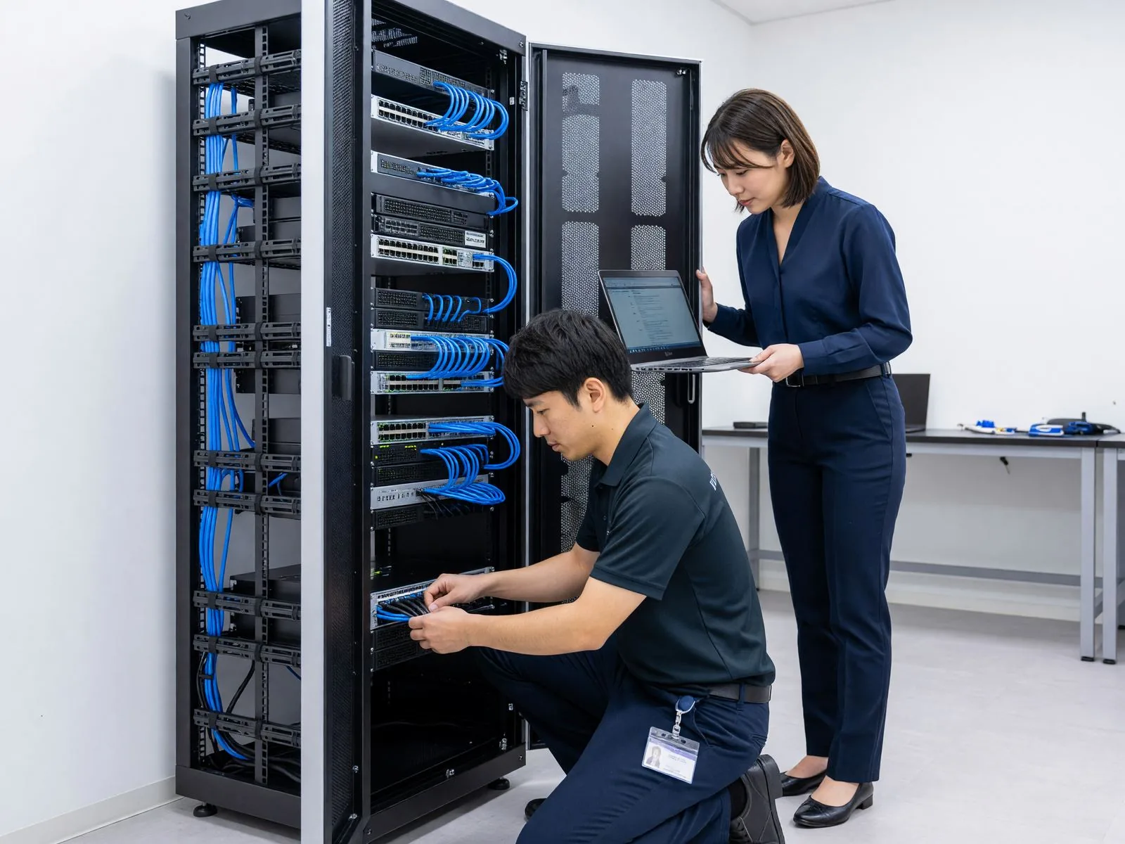 ネットワーク機器を設置するエンジニア